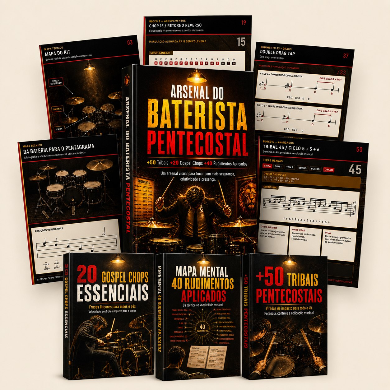 Conjunto visual dos materiais que compõem o Arsenal do Baterista Pentecostal